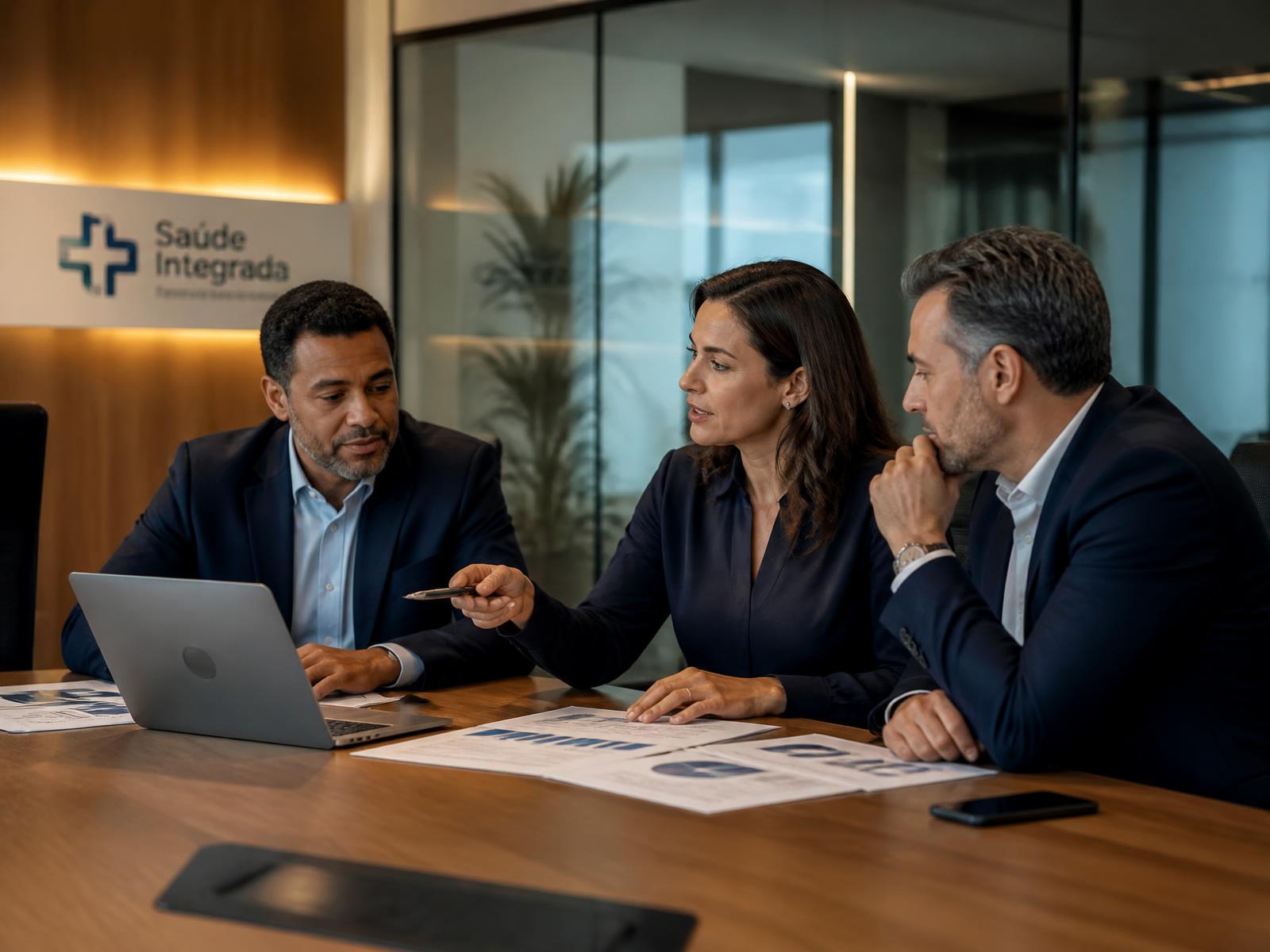 Gestores de uma empresa de saúde analisando dados em reunião estratégica