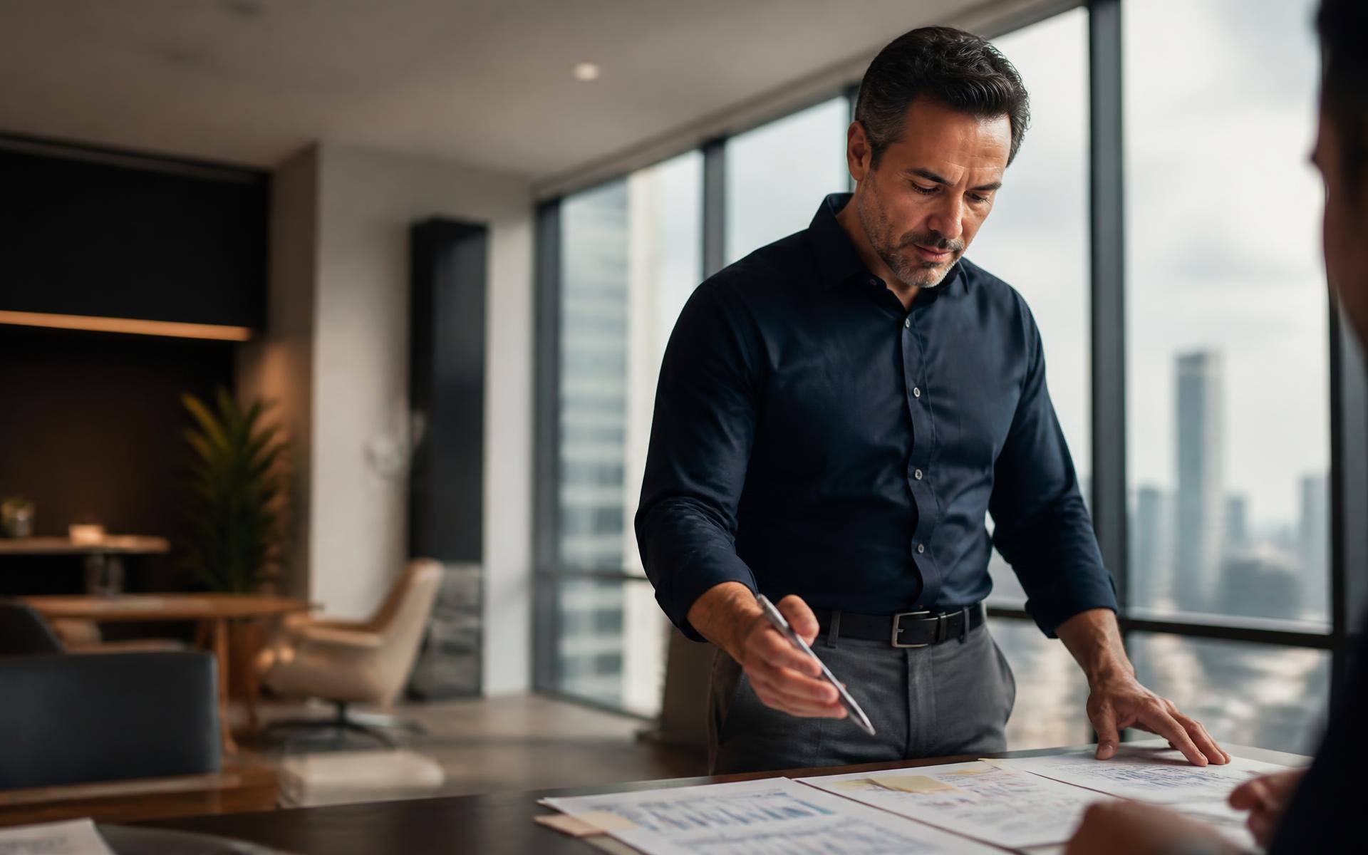 Empresário brasileiro analisando dados e discutindo uma oportunidade de negócio em escritório contemporâneo