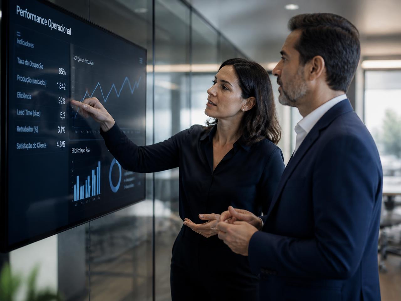 Executivos analisando indicadores operacionais em um painel