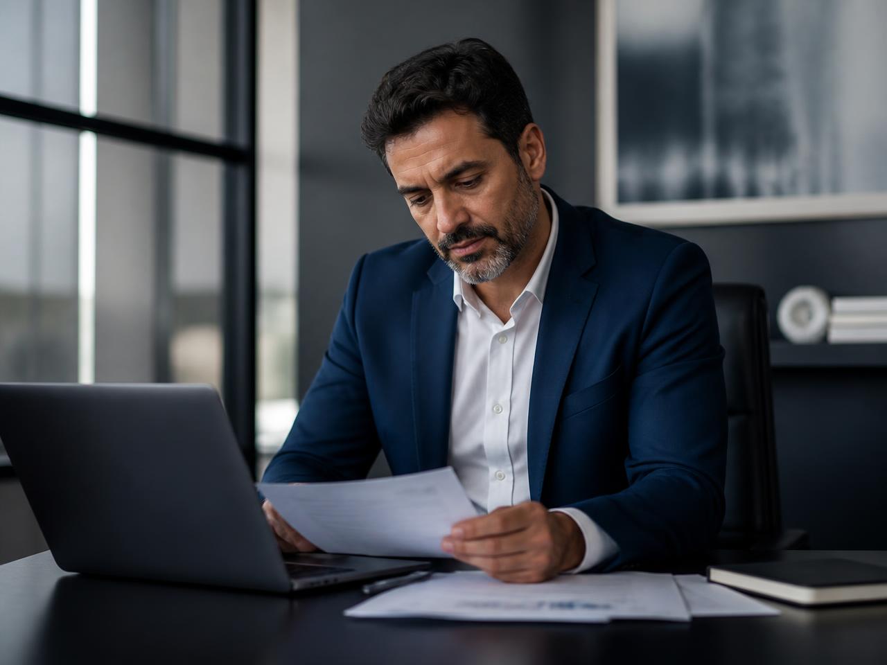 Empresário analisando relatórios financeiros em seu escritório
